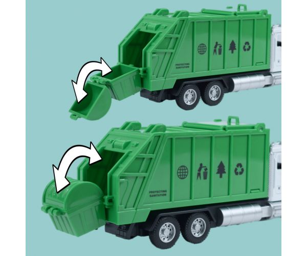 Heavy Duty Truck: Hátrahúzós fém szelektív hulladékgyűjtő teherautó modell nyitható ajtókkal és kukával 1/36