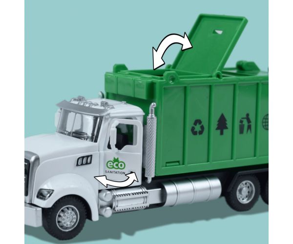 Heavy Duty Truck: Hátrahúzós fém szelektív hulladékgyűjtő teherautó modell nyitható ajtókkal és kukával 1/36