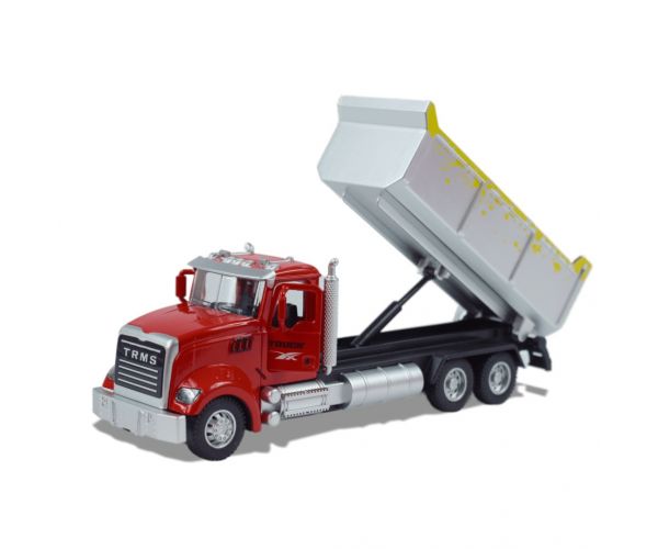 Heavy Duty Truck: Hátrahúzós fém billenőplatós teherautó modell nyitható ajtókkal 1/36