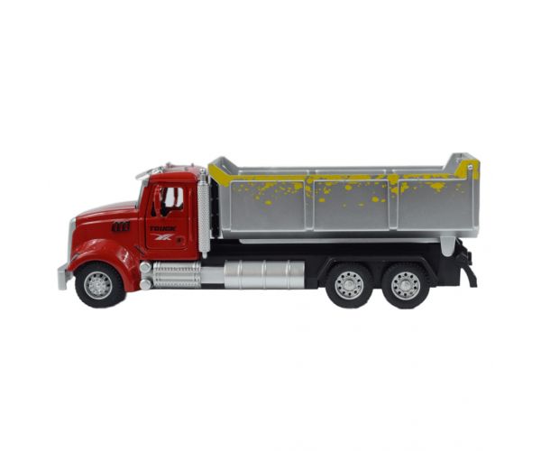 Heavy Duty Truck: Hátrahúzós fém billenőplatós teherautó modell nyitható ajtókkal 1/36