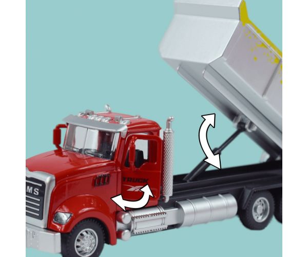 Heavy Duty Truck: Hátrahúzós fém billenőplatós teherautó modell nyitható ajtókkal 1/36