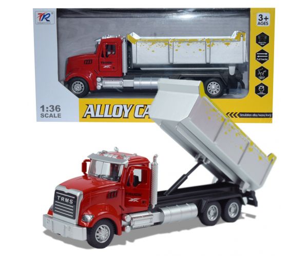 Heavy Duty Truck: Hátrahúzós fém billenőplatós teherautó modell nyitható ajtókkal 1/36
