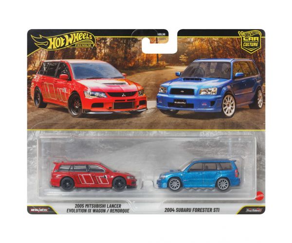 Hot Wheels: Deluxe 2005 Mitsubishi Lancer Evolution IX Wagon és 2004 Subaru Forester STI kisautó 2 db-os csomag 1/64 - Mattel
