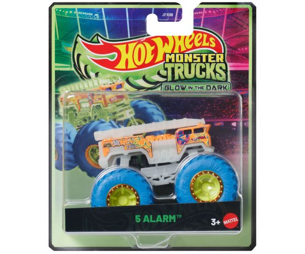 Hot Wheels Monster Trucks: 5 Alarm kék kerekekkel sötétben világító kisautó 1/64 – Mattel