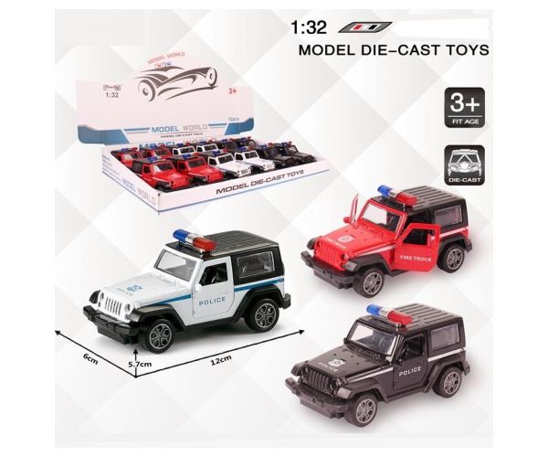 Jeep Wrangler rendőrségi hátrahúzható fém autómodell több változatban 1/32