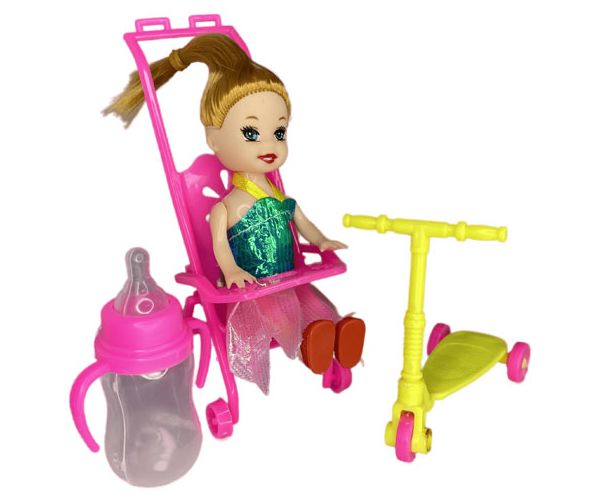 Katie: Sandra baba pink babakocsival, rollerrel és cumisüveggel 10cm