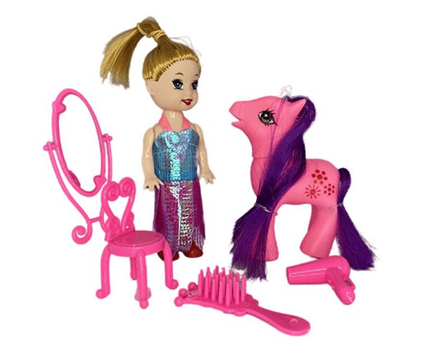 Katie: Sandra baba pink pónival és fodrász kiegészítőkkel 10cm