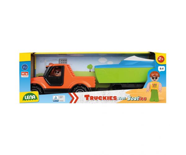 Lena: Truckies Pick-up autó csónakutánfutóval és vitorlás hajóval dobozos 35cm