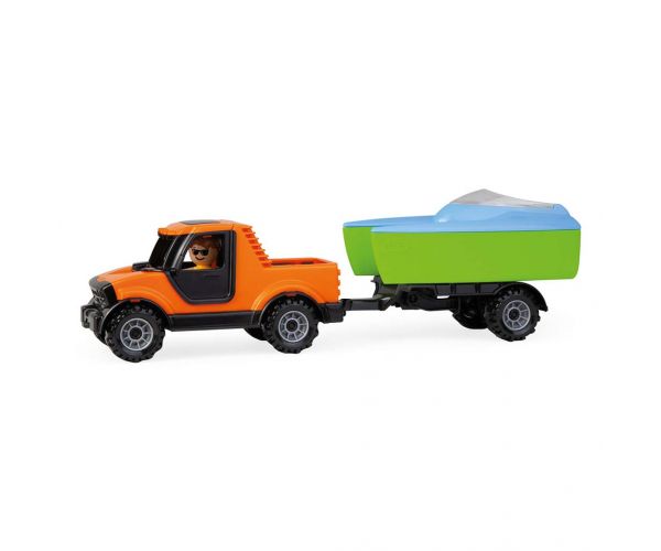 Lena: Truckies Pick-up autó csónakutánfutóval és vitorlás hajóval dobozos 35cm