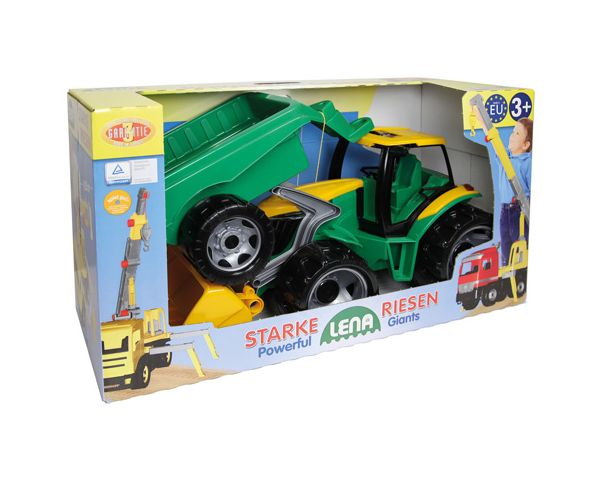 LENA: Óriás traktor homlokrakodóval és utánfutóval zöld/sárga 108cm