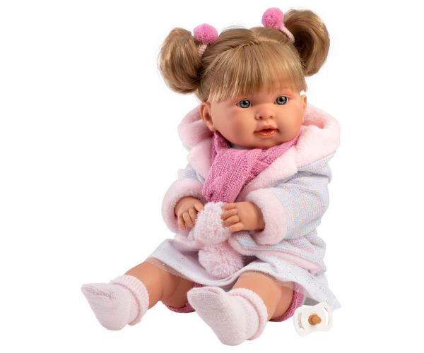 Llorens: Alexandra 42cm-es síró baba cumival rózsaszín bojtos sállal