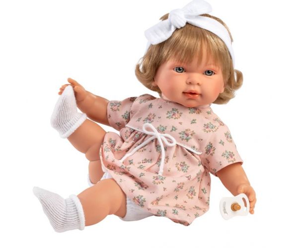 Llorens: Carla 42cm-es síró baba virágos ruhában fejpánttal