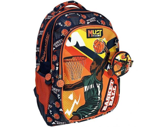 Luna: Must Team kosárlabda mintás narancssárga - kék lekerekített 3 rekeszes iskolatáska, hátizsák 32x18x43cm