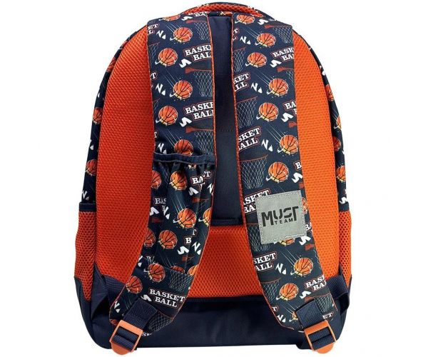 Luna: Must Team kosárlabda mintás narancssárga - kék lekerekített 3 rekeszes iskolatáska, hátizsák 32x18x43cm