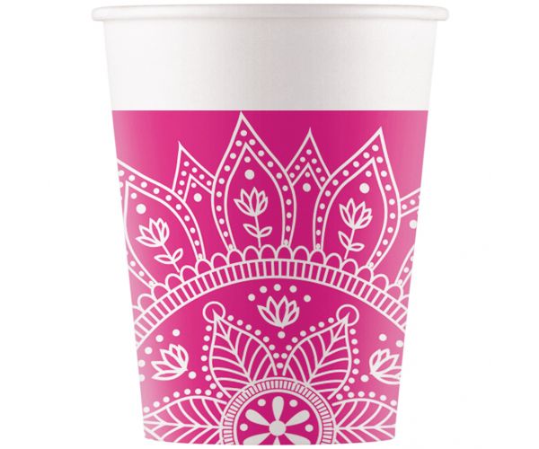 Mandala fukszia-fehér papírpohár 8db-os szett 200ml