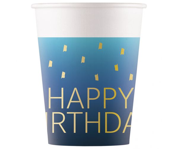 Kék színű szülinapi "Happy Birthday" feliratú papírpohár 8db-os szett 200ml
