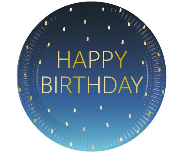 Kék színű szülinapi "Happy Birthday" feliratú papírtányér 8db-os szett 23cm