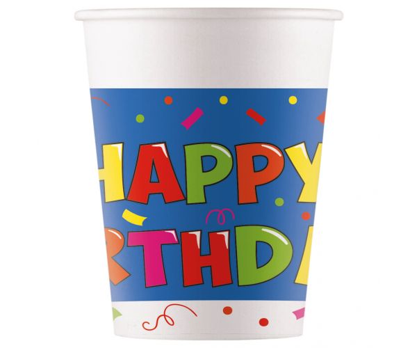 Kékfehér alapú szülinapi "Happy Birthday" feliratú papírpohár 8db-os szett 200ml