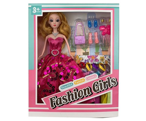 Divatbaba pink flitteres báli ruhában kiegészítőkkel 28cm