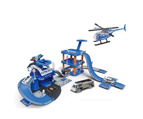 Rendőrségi kék parkolóház autókkal és helikopter leszállóval