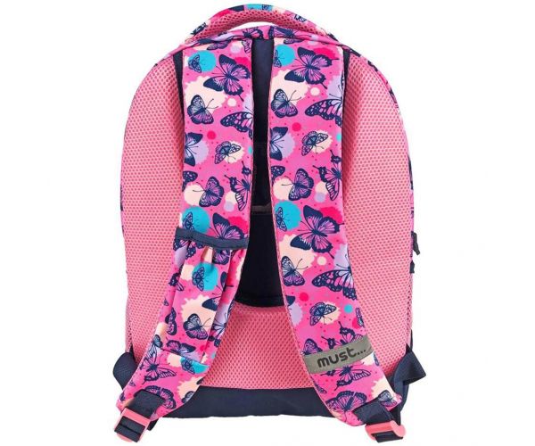 Must: Pillangó mintás háromrekeszes iskolatáska, hátizsák 32x18x43cm