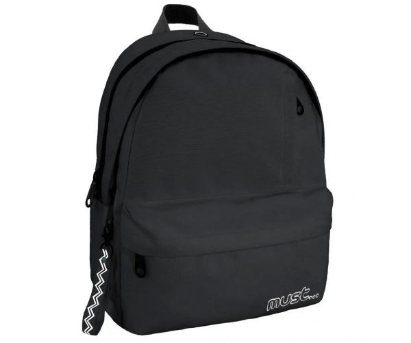 Must: Négyrekeszes lekerekített fekete iskolatáska, hátizsák 32x19x42cm