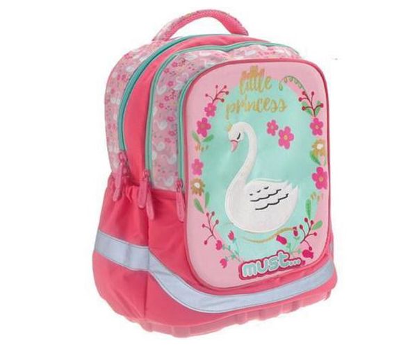 Must: Rózsaszín hattyús ergonomikus háromrekeszes iskolatáska, hátizsák 30x16x42cm