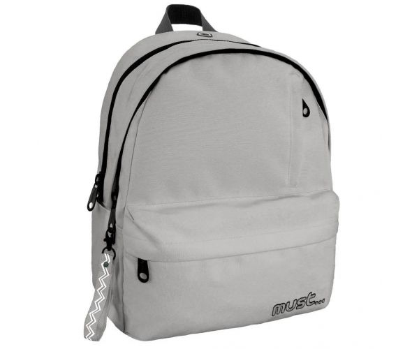 Must: Négyrekeszes lekerekített szürke iskolatáska, hátizsák 32x19x42cm