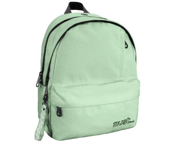 Must: Négyrekeszes lekerekített világoszöld iskolatáska, hátizsák 32x19x42cm