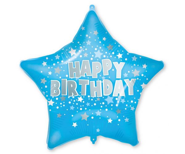 Szülinapi fólia lufi – Kék csillagos „Happy Birthday” felirattal 46cm