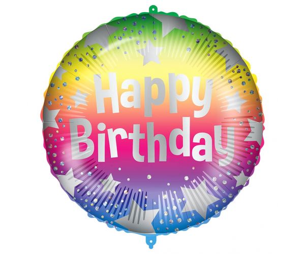 Szülinapi fólia lufi – „Happy Birthday” felirattal, szivárványszínű csillagos mintával 46cm