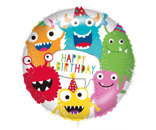 Szülinapi fólia lufi – „Happy Birthday” felirattal, színes szörnyecskés mintával 46cm