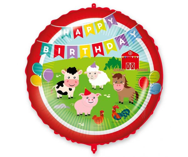 Szülinapi fólia lufi – „Happy Birthday” felirattal, farm állatos mintával 46cm