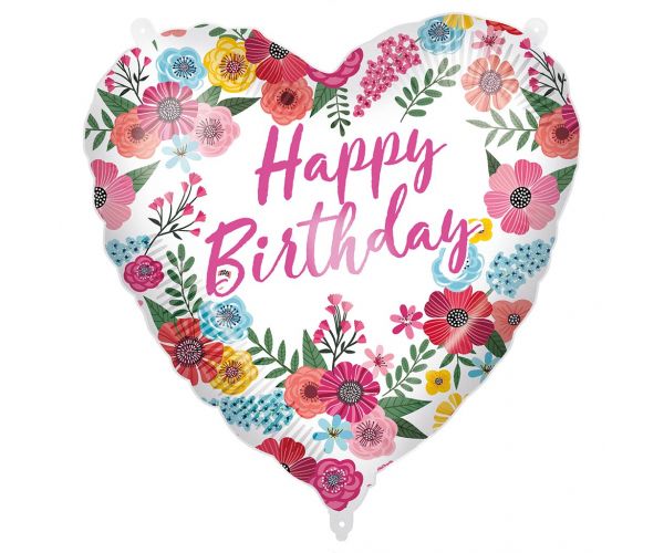 Szülinapi fólia lufi – „Happy Birthday” felirattal, szív alakú, virágos mintával 46cm