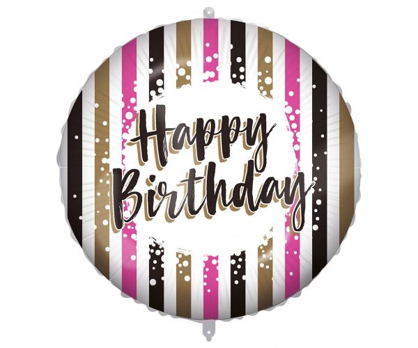 Szülinapi fólia lufi – „Happy Birthday” felirattal, arany-fekete-rózsaszín csíkos design 46cm