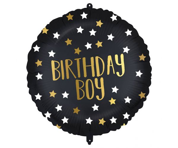 Szülinapi fólia lufi – "Birthday Boy" felirattal, fekete-arany csillagos 46cm