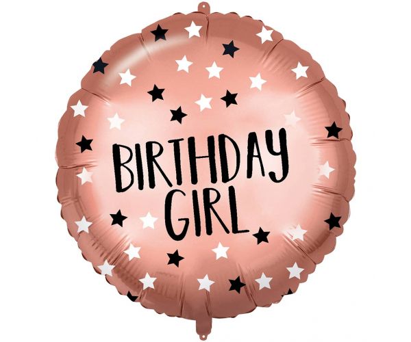 Szülinapi fólia lufi – "Birthday Girl" felirattal, rózsaarany csillagos 46cm