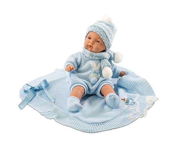 Újszülött fiú baba kék takaróval 38cm