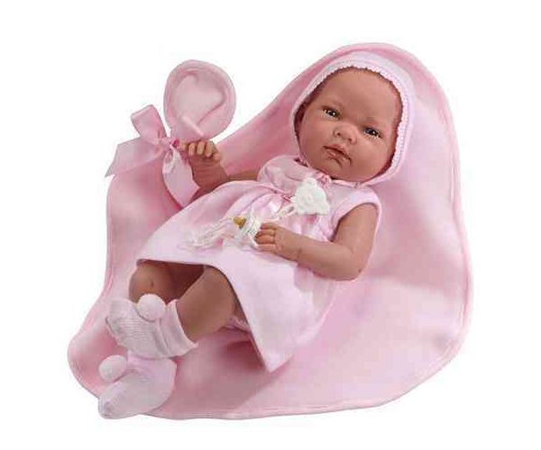 Újszülött lány baba megkötős sapiban 38cm