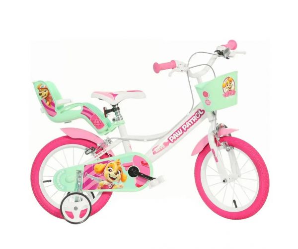 Mancs Őrjárat Skye 14” gyerek bicikli kosárral és babaüléssel rózsaszín-mentazöld színben – Dino Bikes kerékpár