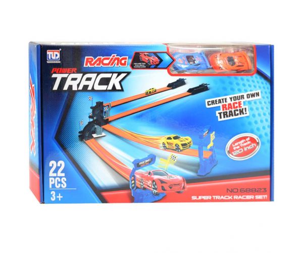 Power Track: 22db-os versenypálya szett kereszteződéssel és 2db hátrahúzható kisautóval 1/64