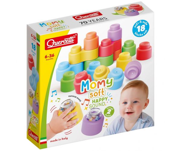 Quercetti: Momy Soft 18 db-os puha csörgős építőkocka szett