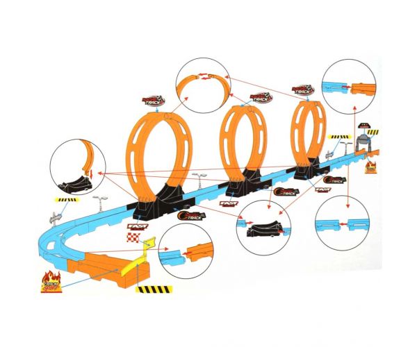 Racing Track: 28db-os versenypálya szett 3db hurokkal és 2db hátrahúzható autóval 1/64