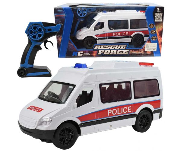 RC Távirányítós fehér rendőrségi kisbusz fényeffektekkel 2,4GHz 1/12-es méretarány 30cm
