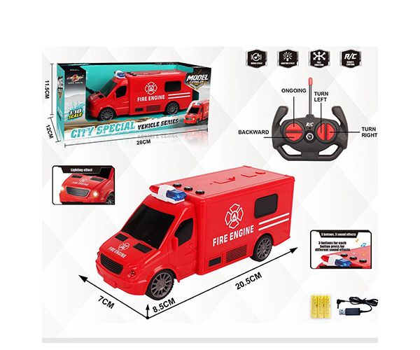RC Távirányítós tűzoltó kisbusz fény és hang effektekkel 1:18-as méretarány 20cm