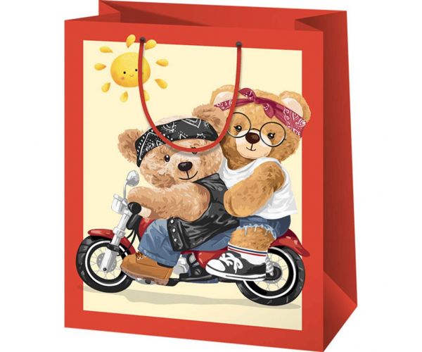 Maci család motorkerékpáron mintás közepes ajándéktáska 18x10x23cm