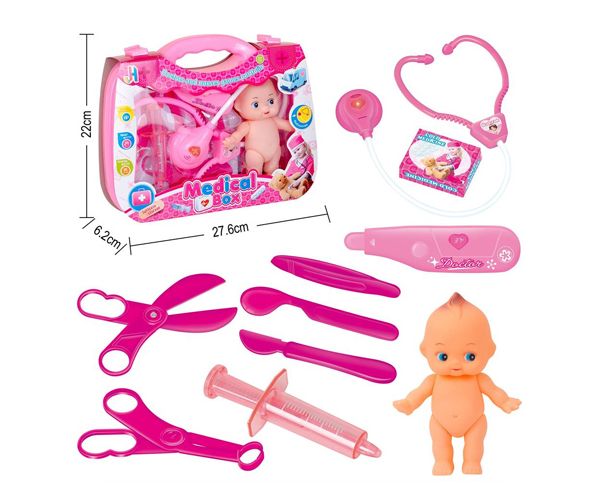Pink orvosi szett babával és kiegészítőkkel bőröndben