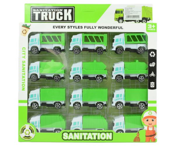 Sanitation Truck: 12 db-os hulladékszállító teherautó szett 1/64