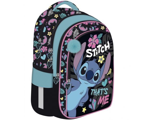 Disney Stitch mintás 4 rekeszes iskolatáska, hátizsák kék pomponnal BPL58 40x29x19 cm