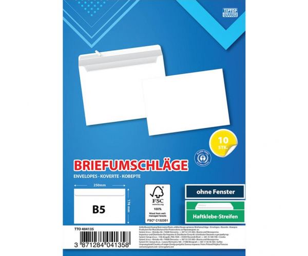 Spirit: Fehér boríték B5 25x17cm 10db-os csomag